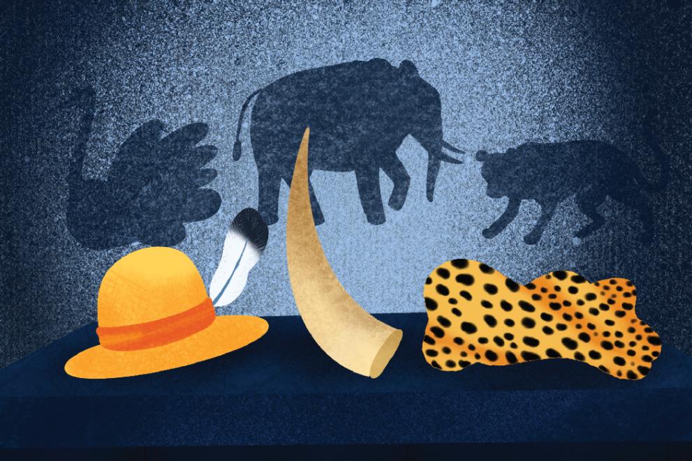 Painting depicting hat with feather, animals, leopard skin and ivory tusk.